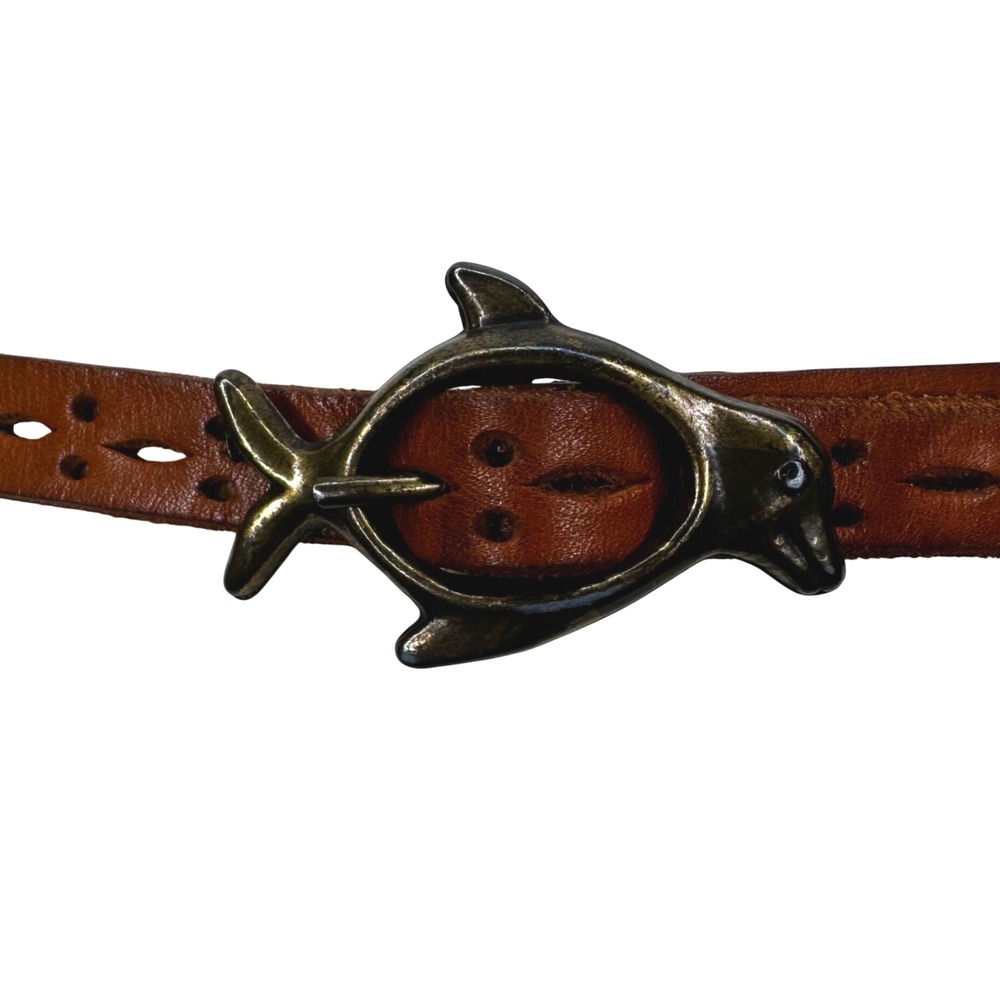 Vintage Leather Dolphin Buckle Skinny Belt Brown Perforated Nautical Boho 31in